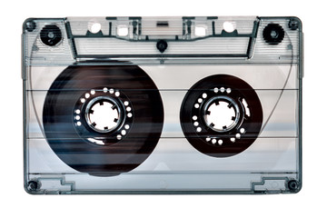 vintage old music cassette with film, with clean label isolated on white background, copy space, mocap