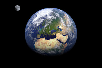 earth in deep space - earth and moon, CGI 3D illustration