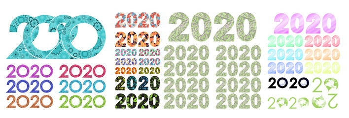 Set of 2020 printed multicolored colorful numbers. New calendar year. Calendar design. Digital inscription two thousand and twentieth year of multicolor abstract patterns. Vector illustration.