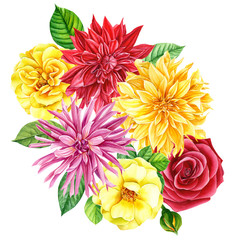 beautiful wedding bouquet of flowers, flowers, dahlia on an isolated white background, watercolor illustration, hand drawing