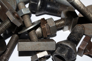 Collection of Old Bolt, Screws, Nuts Engineering Metal Tools on White Background