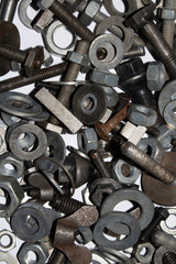 Collection of Old Bolt, Screws, Nuts Engineering Metal Tools on White Background