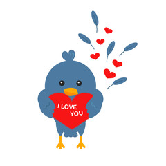 Vector Flat Concept of Valentines Day with Dove. Love Bird with Fur Heart Usable for Greeting Card, Banner, Poster. Illustration of Enamored Blue Dove is Symbol of Saint Valentine Day in Cartoon Style