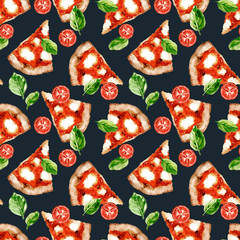 Watercolor hand painted Italian cuisine tasty pizza slices illustration seamless pattern - wallpaper, wrapping paper, fabrics design