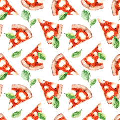 Watercolor hand painted Italian cuisine tasty pizza slices illustration seamless pattern - wallpaper, wrapping paper, fabrics design