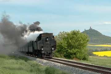 Fototapeta na wymiar A steam passenger train arrives
