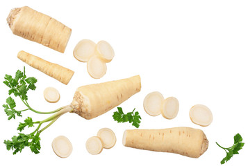 fresh parsley root with slices isolated on white background. top view