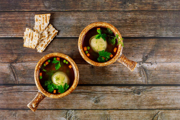 Traditional passover matzo ball soup, matzoh and matzo balls. Jewish holiday.