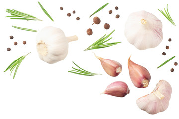 garlic with rosemary, peppercorns and allspice isolated on white background. top view