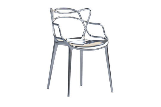Chromium plastic mid-century chair with curved backrest. 3d render