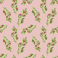 Watercolor hand painted botanical leaves, berries and branches illustration seamless pattern, wallpaper, wrapping paper