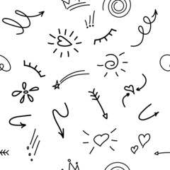 Hand drawn seamless pattern of elements, white on black background. Arrows, hearts, stars, leaf, sun, light, flower, crown of king or queen for concept design.