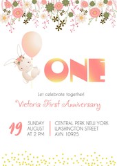 first anniversary invintation card with banny and baloon