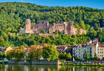 Fototapeta na wymiar Heidelberg town with old Karl Theodor bridge and castle on Neckar river in Baden-Wurttemberg, Germany
