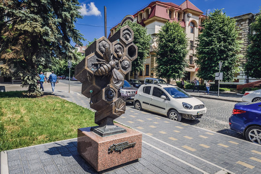 Ternopil, Ukraine - June 9, 2017: Statue of a working bee in Ternopil city
