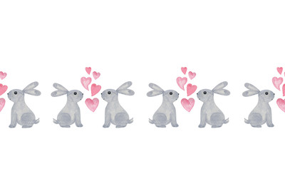 A repeat pattern of a lovely hand drawn illustration of cute little grey Easter bunnies and hearts on the white background, horizontal seamless borde