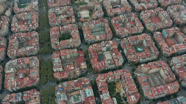 Aerial view. Typical square quarters of Barcelona.