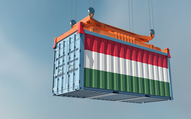 Freight container with Hungary national Flag design hanging on a spreader - 3D Rendering