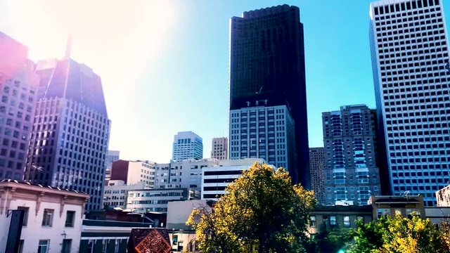Banking District. Downtown round view. Skyscraper till the sun.