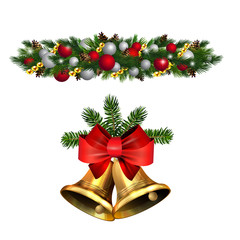 Christmas decorations with fir tree golden jingle bells