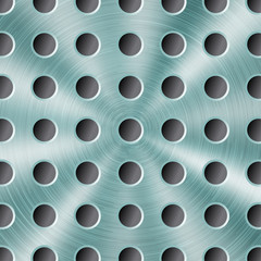 Abstract shiny metal background in light blue color with circular brushed texture and round holes