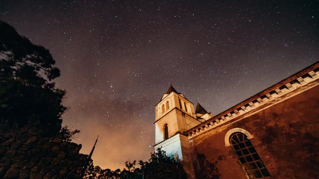 4K Timelapse Sequence of Cayambe, Ecuador - A church at night with the milky way