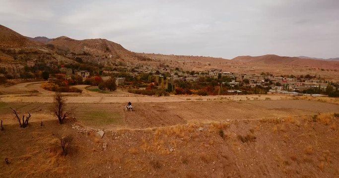 Saffron farm field with landscape of mountains and stair shape rural village in colorful leaves autumn forest trees in Iran.