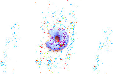 Colored donuts with colorful sprinkles on white background. Copy space