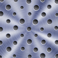 Abstract shiny metal background in blue color with circular brushed texture and round holes