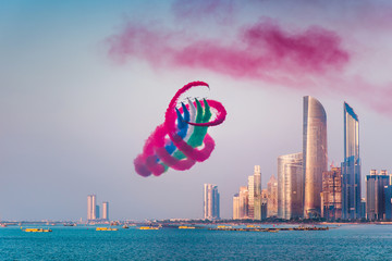 Air show over Abu Dhabi skyline for the UAE national day celebration
