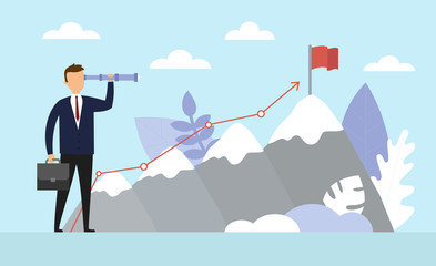 Obraz premium Business Success concept. Businessman is standing and watching the telescope for growth modern ideas and to achieve higher goals. Cartoon, illustration of sky with cloud and mountain. Vector.