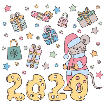 Vector Christmas picture with hand drawn mouse in Santa suit and gifts and 2020 year of cheese