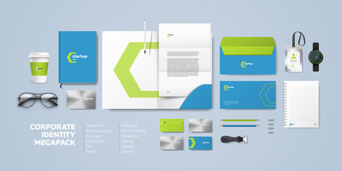 Corporate identity. Realistic branding template stationery mockup with logo and printing materials. Folder and A4 letter, visiting card and envelope. Elegant minimalistic design.