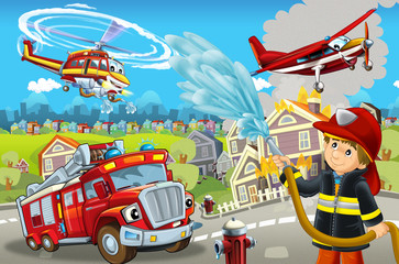 Naklejka premium cartoon stage with different machines for firefighting colorful and cheerful scene with fireman - illustration for children