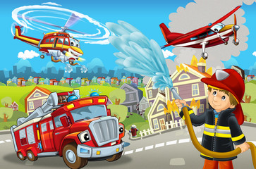 Fototapeta na wymiar cartoon stage with different machines for firefighting colorful and cheerful scene with fireman - illustration for children