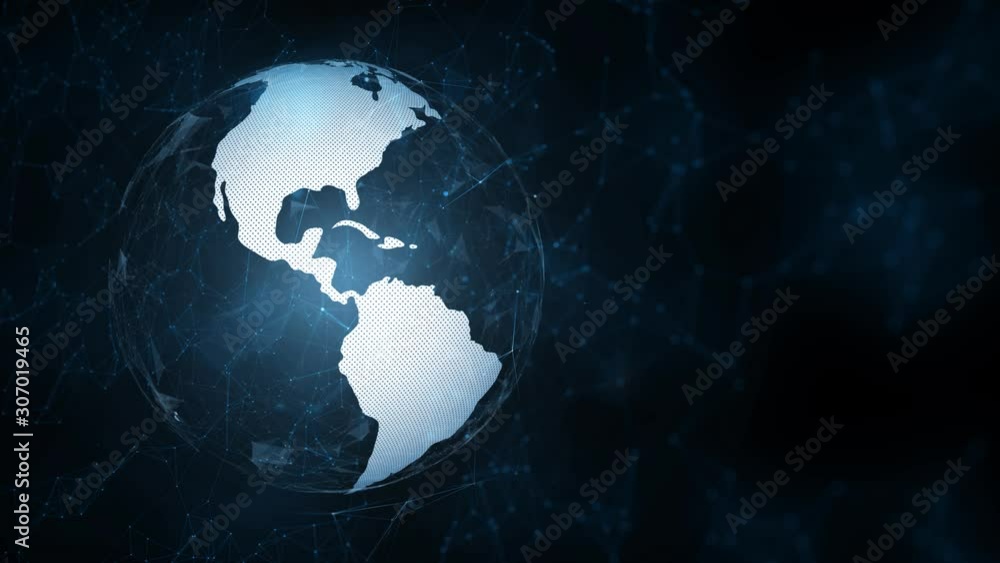 Poster artistic cyberspace network on digital earth globe with glittering motion lines, dots and triangle s