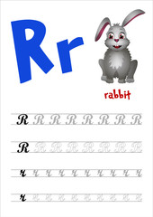 Design page layout of the English alphabet to teach writing upper and lower case letter R with funny cartoon Rabbit. Flat style. Vector illustration