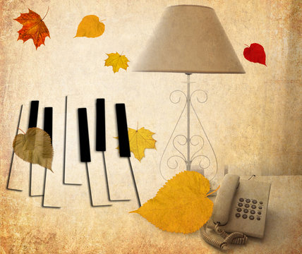 Old paper texture with retro white lamp and retro telephone are on the table opposite the bright daylight from the window. Piano keys. Colorful leaves fall. Autumn melody. Memories. Dreams for Love