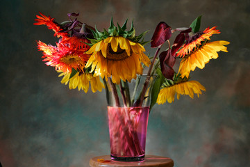 colorful multi-color sunflower flower bouquet in vase in studio