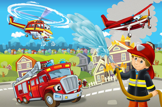 cartoon stage with different machines for firefighting colorful and cheerful scene with fireman - illustration for children © honeyflavour