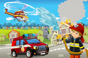 Obraz na płótnie Canvas cartoon stage with different machines for firefighting colorful and cheerful scene with fireman - illustration for children