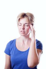 Woman feels headache isolated. People, healthcare and medicine concept