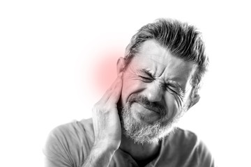 Man feels ear pain isolated. People, healthcare and medicine con