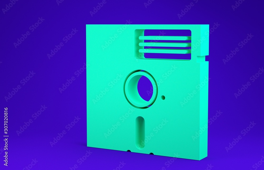Poster green floppy disk in the 5.25-inch icon isolated on blue background. floppy disk for computer data s