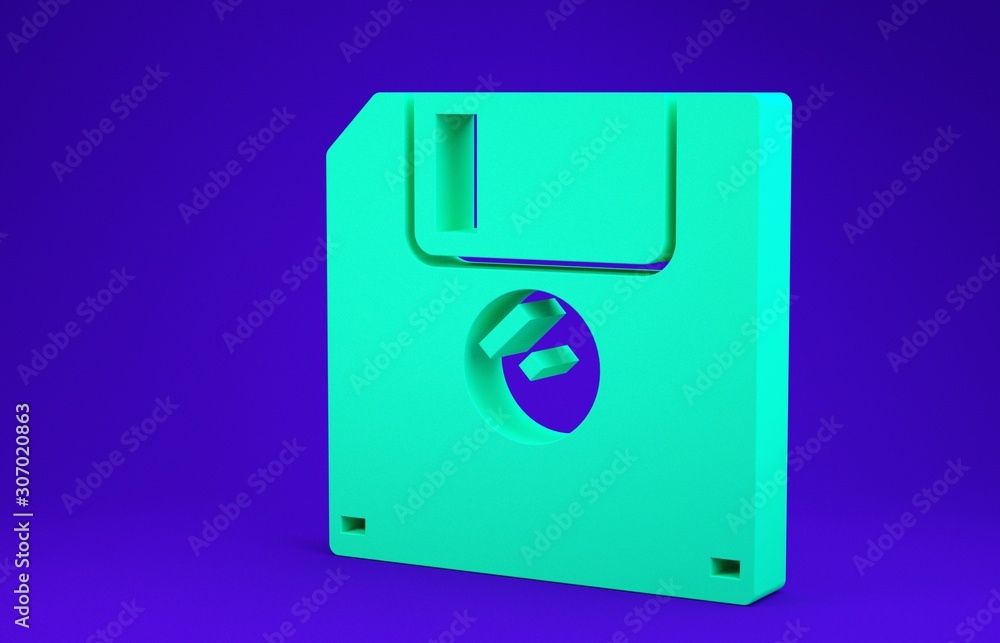 Poster green floppy disk for computer data storage icon isolated on blue background. diskette sign. minimal
