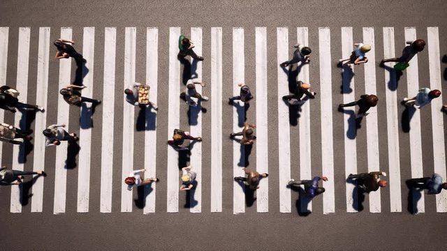 Large crowd of people cross the road at pedestrian crossing 4k