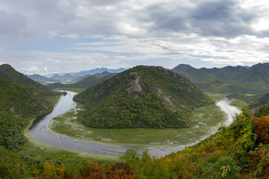 Canyon of Crnojevica River flowing curved into Skadar Lake National Park, Montenegro