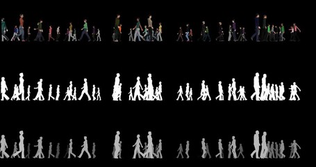 Crowd of people run and go in different directions with an alpha channel and a depth channel 4k