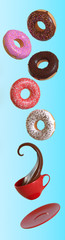 Different donuts and coffee fly on a blue background. Minimal concept. 3d render illustration