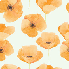 Poppy flower seamless pattern in orange watercolor style